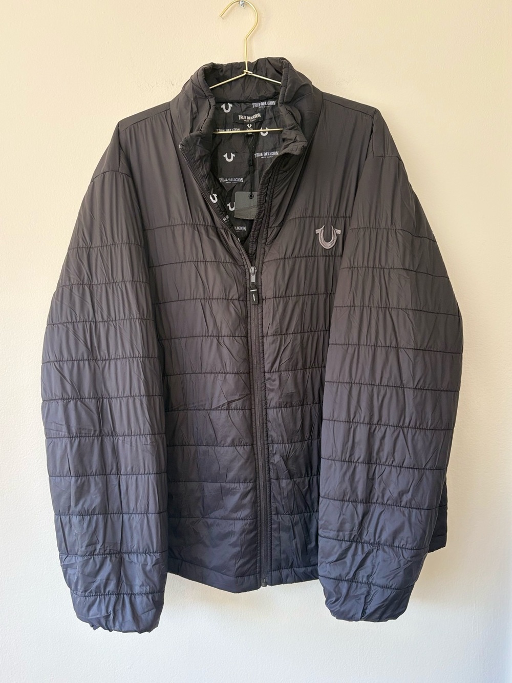 True Religion Men’s Black Puffer Jacket Logo Full Zip Size XL NWT